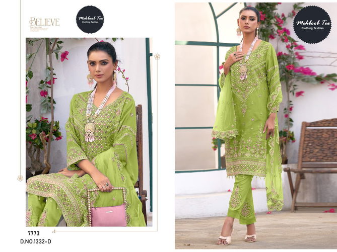 1332 A To D Mehboob Tex Embroidery Organza Pakistani Suits Wholesale Suppliers In India
